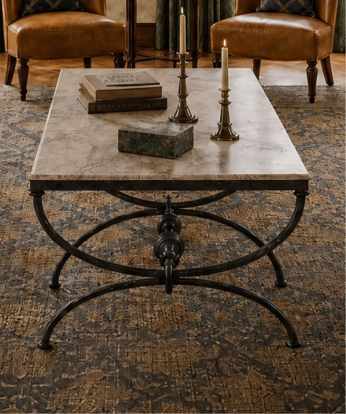 Marble top coffee table with a dark metal base